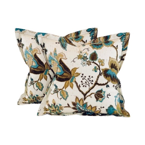 Pair P Kaufmann Waverly Brown Cream Teal Botanical Jacobean Vine Pillow Covers - Picture 1 of 7